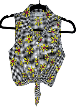 Vintage Cottagecore Sunflower Houndstooth Sleeveless Tie-Front Button-Down Crop